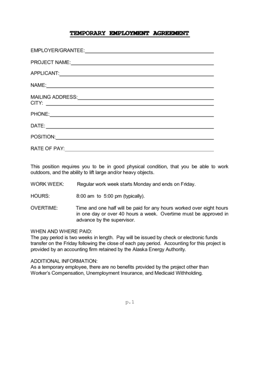 Temporary Employment Agreement Template Printable pdf