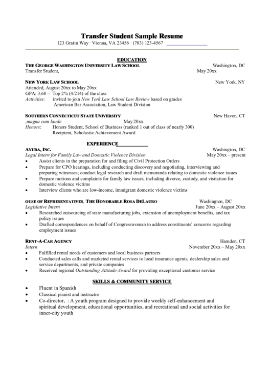 Transfer Student Sample Resume Printable pdf