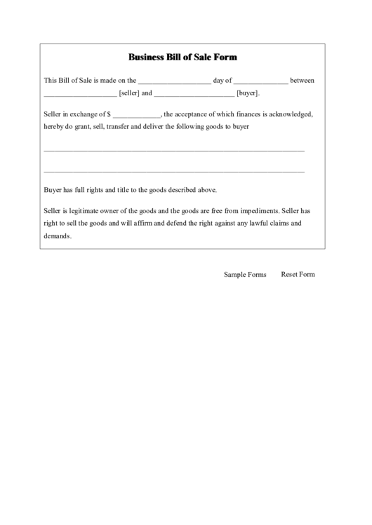Fillable Business Bill Of Sale Form Printable pdf