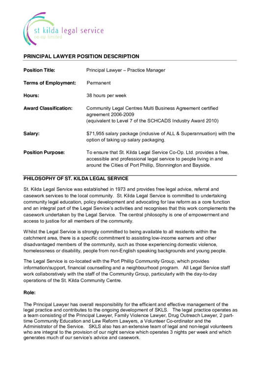 St Kilda Principal Lawyer Position Description Printable pdf