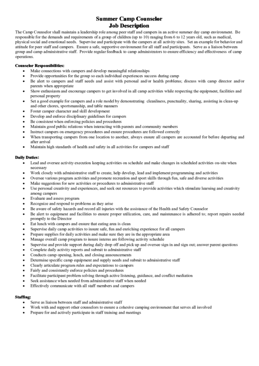 Summer Camp Counselor Job Description Printable pdf