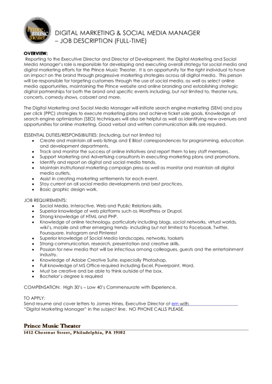 Prince Music Theatre Digital Marketing & Social Media Manager - Job Description Printable pdf