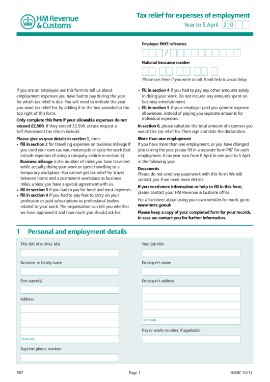 Hm Revenue And Customs Tax Relief For Expenses Of Employment Printable pdf