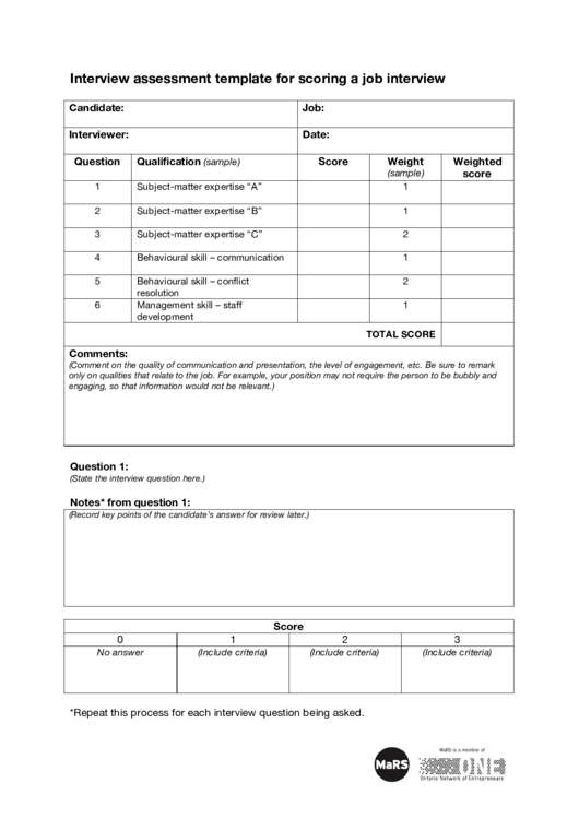 Interview Assessment Template For Scoring A Job Interview Printable pdf