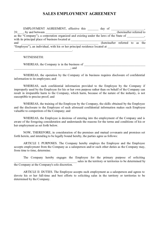 Sales Employment Agreement Template Printable pdf