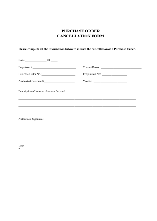 Purchase Order Cancellation Form Printable pdf