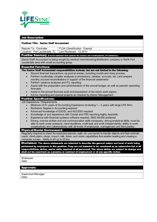 Life Sync Job Description: Senior Staff Accountant Printable pdf