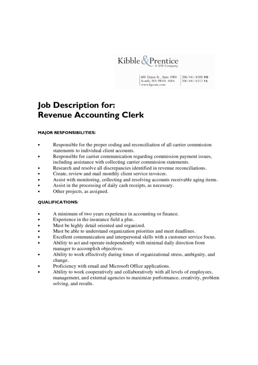 Kibble And Prentice Job Description For: Revenue Accounting Clerk Printable pdf