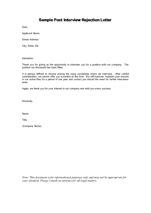 Sample Post Interview Rejection Letter Template Printable pdf