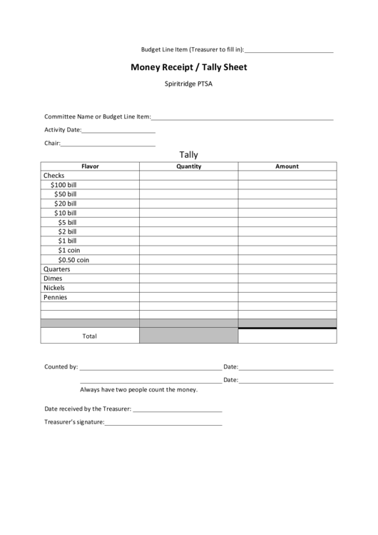 Money Receipt/tally Sheet Template Printable pdf