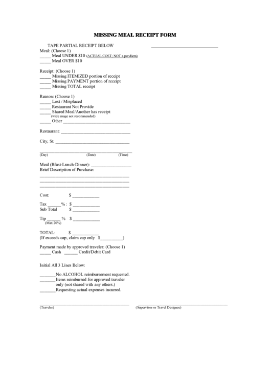 Missing Meal Receipt Form Printable pdf