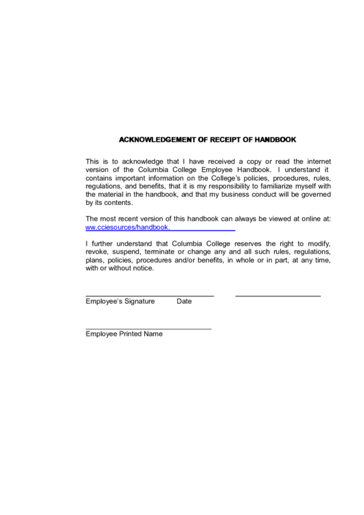 Acknowledgement Of Receipt Of Handbook Printable pdf