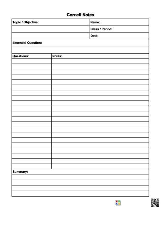 Fillable Cornell Notes Template Printable pdf