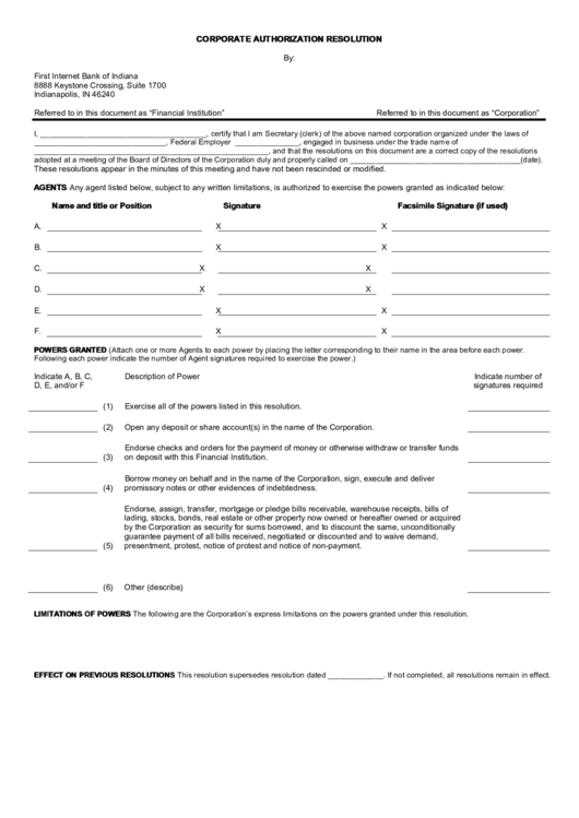 Corporate Authorization Resolution Printable pdf