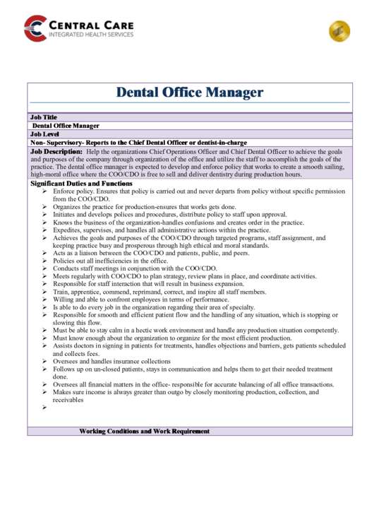 Central Care Dental Office Manager Printable pdf