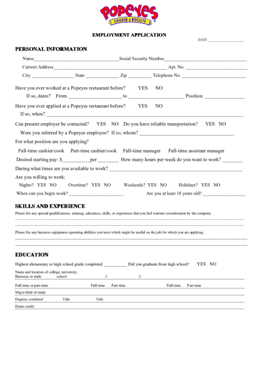 Fillable Popeyes Application Form Printable pdf