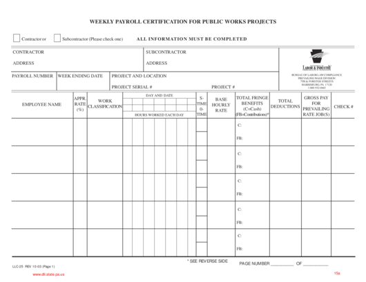 Fillable Form Llc-25 - Weekly Payroll Certification For Public Works Projects Printable pdf