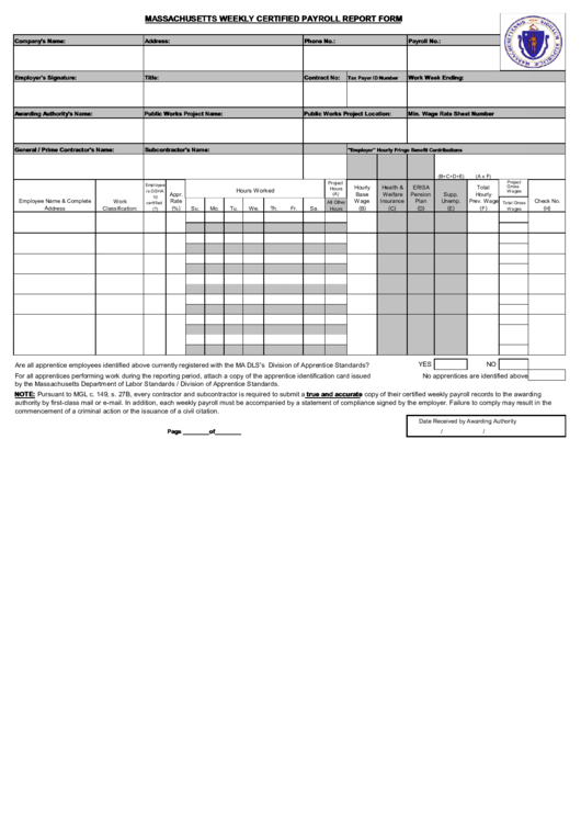 Fillable Massachusetts Weekly Certified Payroll Report Form Printable pdf