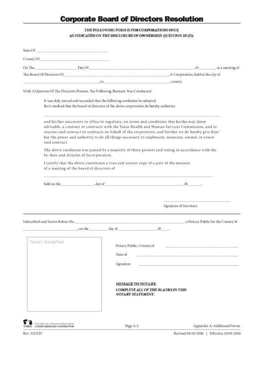 Tmhp Corporate Board Of Directors Resolution Printable pdf