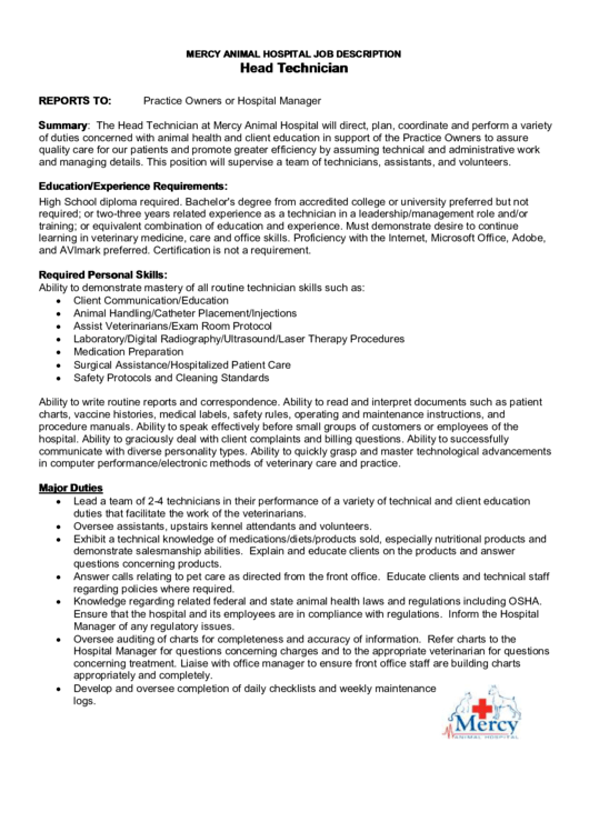 Mercy Animal Hospital Job Description Head Technician Printable pdf