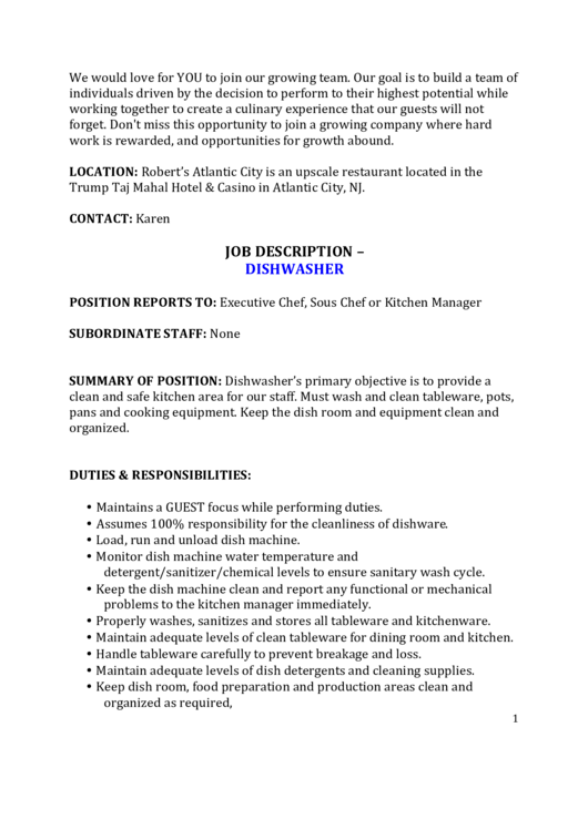 Job Description Dishwasher printable pdf download