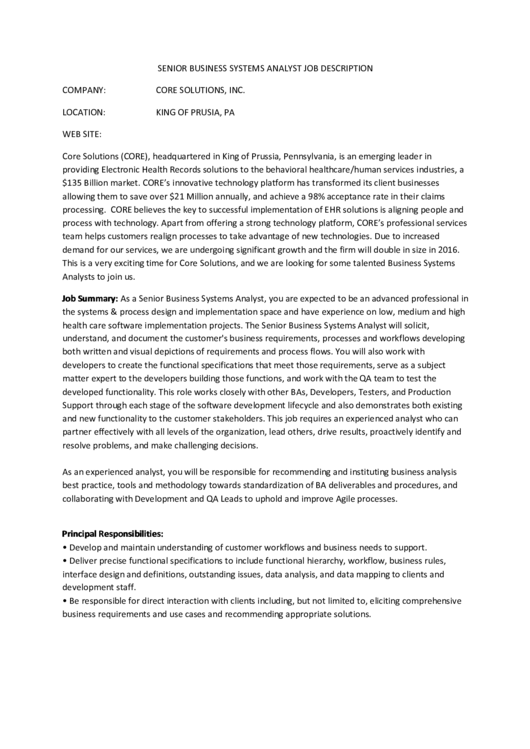 Senior Business Systems Analyst Job Description Printable pdf