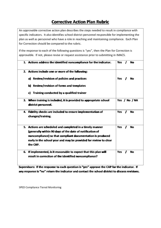 Corrective Action Plan Rubric Printable pdf
