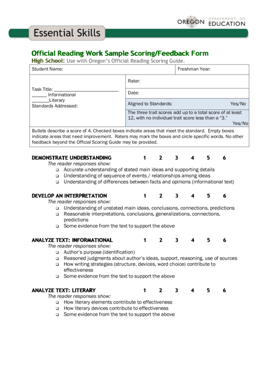 Official Reading Work Sample Scoring/feedback Form Printable pdf