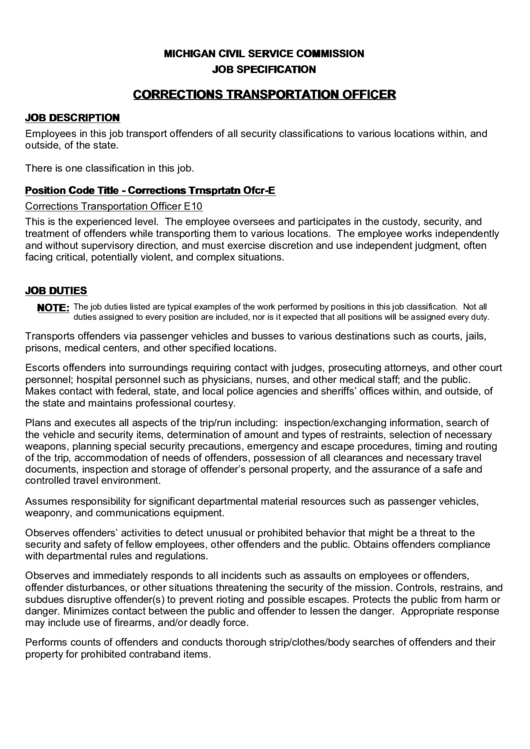 Michigan Civil Service Commission Job Specification Corrections Transportation Officer Printable pdf