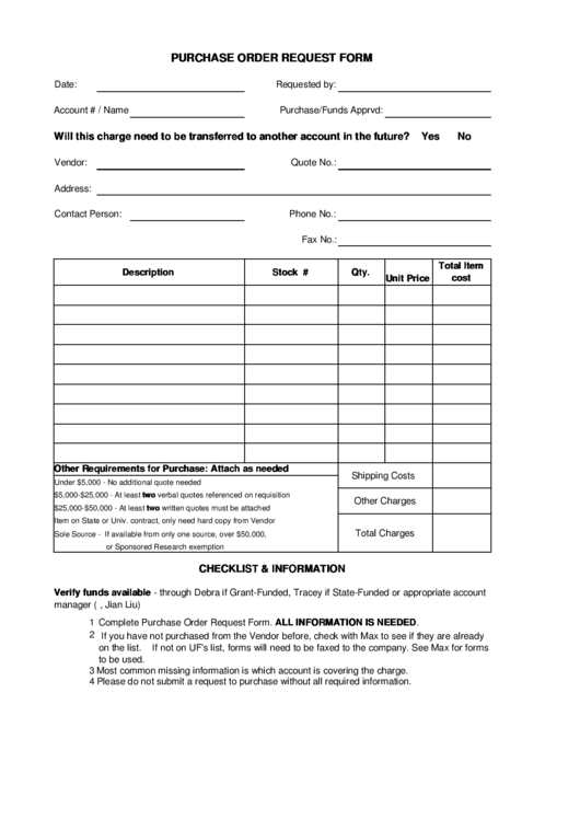 Purchase Order Request Form Printable pdf