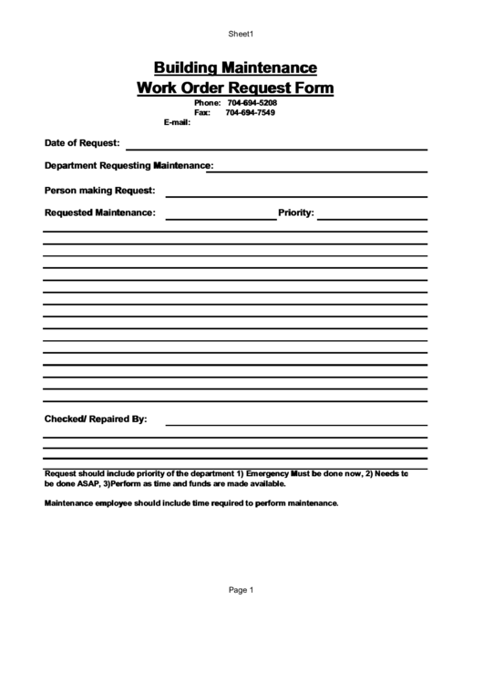 Building Maintenance Work Order Request Form Printable pdf