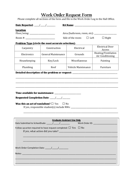 Work Order Request Form Printable pdf