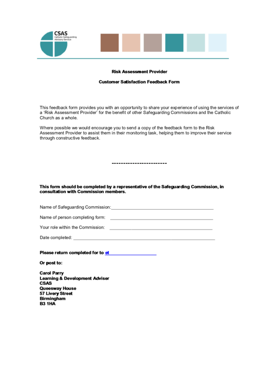 Risk Assessment Provider - Customer Satisfaction Feedback Form Printable pdf