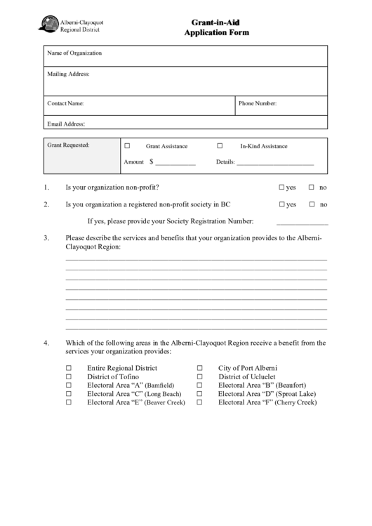Alberni-Clayoquot Region Grant-In-Aid Application Form Printable pdf