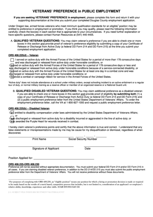 Veterans Preference Form - Douglas County Printable pdf