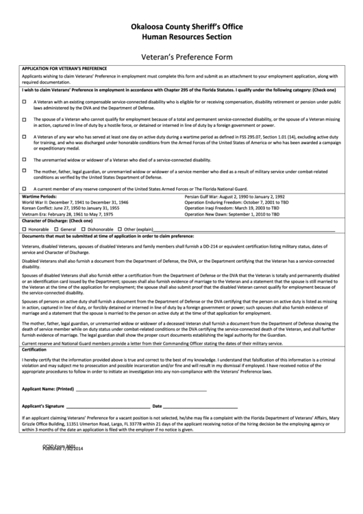 Ocso Form 3601 - Veteran's Preference Form - Okaloosa County Sheriff's Office Human Resources Section
