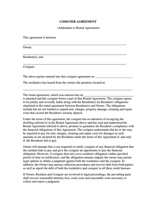 Cosigner Agreement Form (Addendum To Rental Agreement) Printable pdf