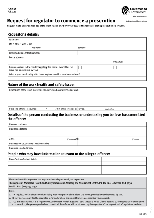 Form 71 - Request For Regulator To Commence A Prosecution Printable pdf
