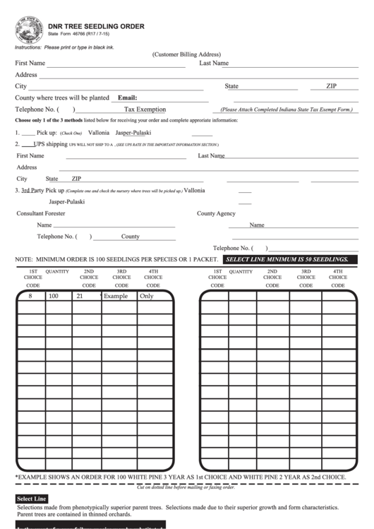 State Form 46766 - Dnr Tree Seedling Order Printable pdf