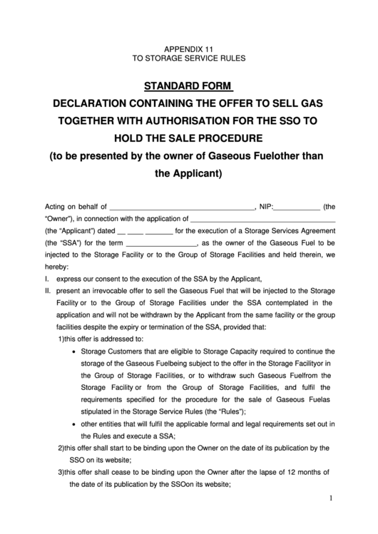 Standard Form - Declaration Containing The Offer To Sell Gas Printable pdf
