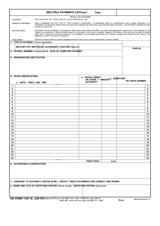 Fillable Dd Form 1351 6 Multiple Payments List Printable Pdf Download