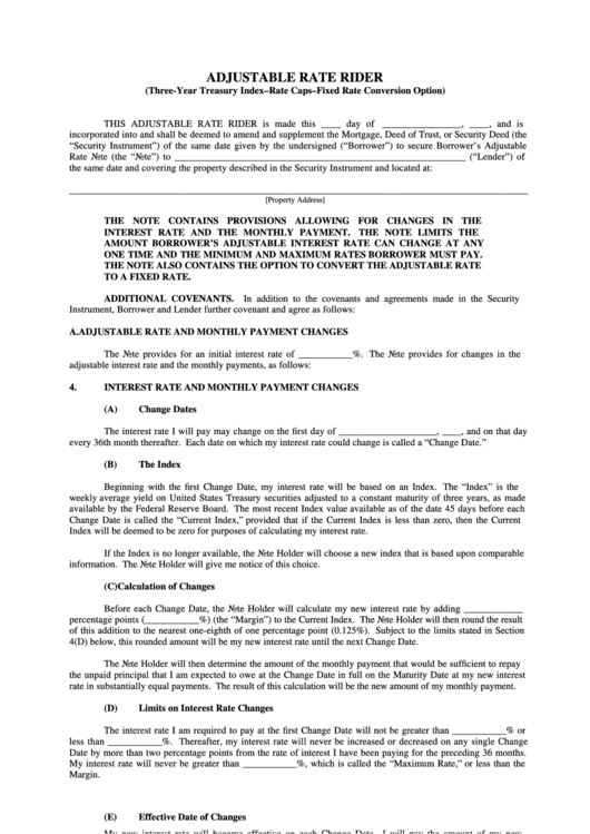 Form 3115 - Adjustable Rate Rider (Three-Year Treasury Index-Rate Caps-Fixed Rate Conversion Option) Printable pdf
