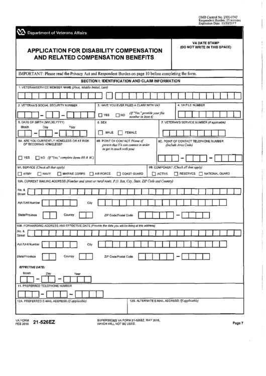 Va Form 21-526e - Application For Disability Compensation And Related Compensation Benefits Template Printable pdf