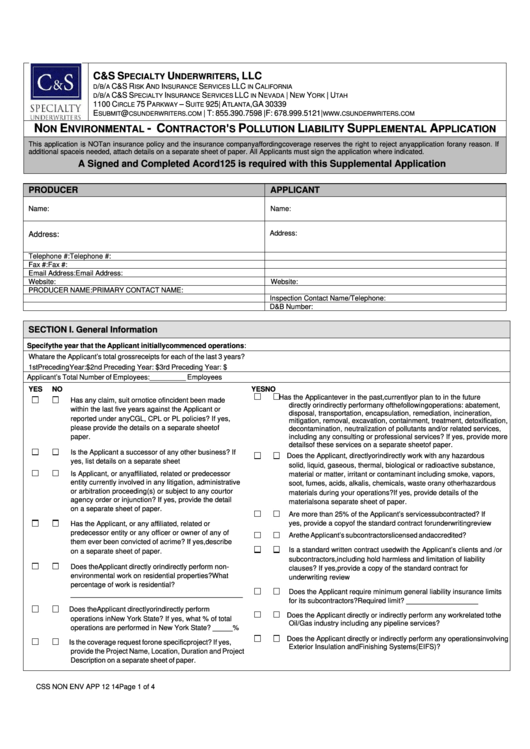 Non Environmental Contractors Pollution Liability Application Template Printable pdf