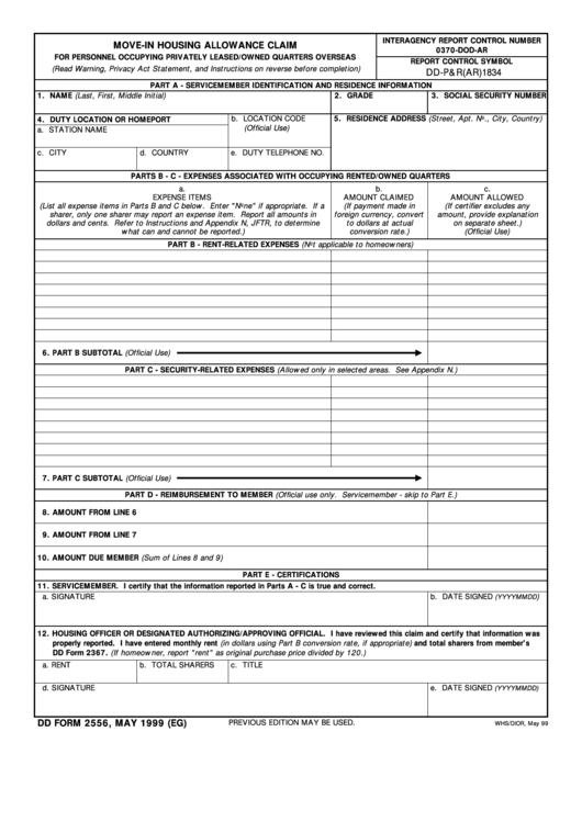 Dd Form 2556 - Move In Housing Allowance Claim Printable pdf