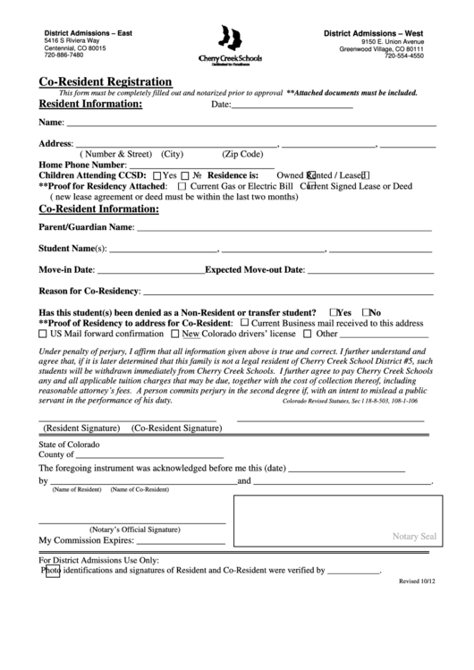 Co Resident Form - Cherry Creek School District Printable pdf