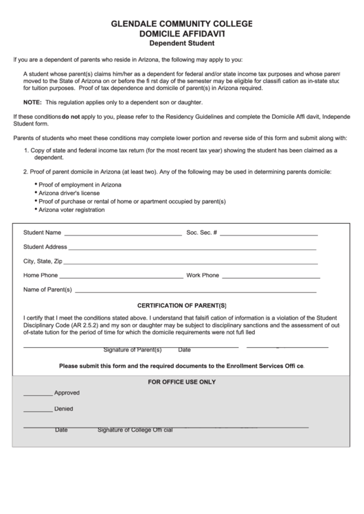 Domicile Affidavit Dependent - Glendale Community College Printable pdf
