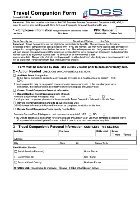 Fillable Travel Companion Form - Dgs Pass Printable pdf