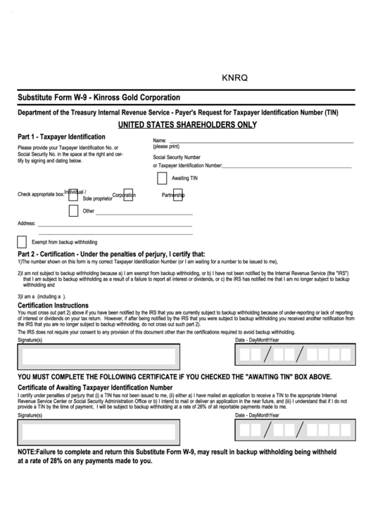 Substitute Form W-9 - Payer