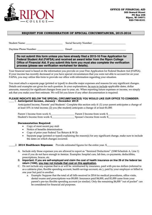 Request For Consideration Of Special Circumstances Printable pdf